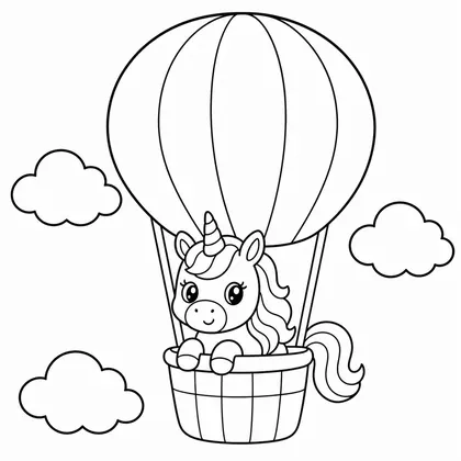 Dibujo de unicornio en globo aerostatico para colorear