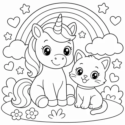 Dibujo de unicornio con gatito para colorear