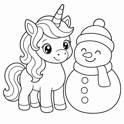 Dibujo de unicornio con muneco de nieve para colorear