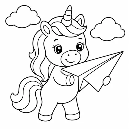 Dibujo de unicornio con avión de papel para colorear