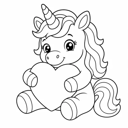 Dibujo de unicornio abrazando corazón para colorear