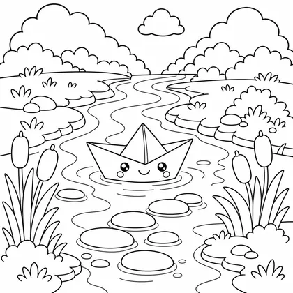 Dibujo de barquito de papel en el río para colorear