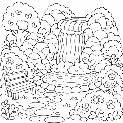 Dibujo de cascada con volcán al fondo para colorear