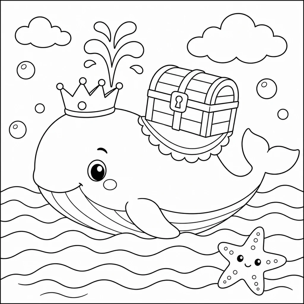 Coloriage : Baleine avec un ballon sur le quai
