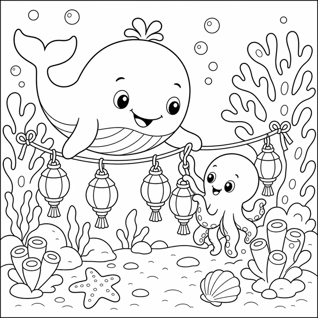 Coloriage : Baleine avec un coffre au trésor
