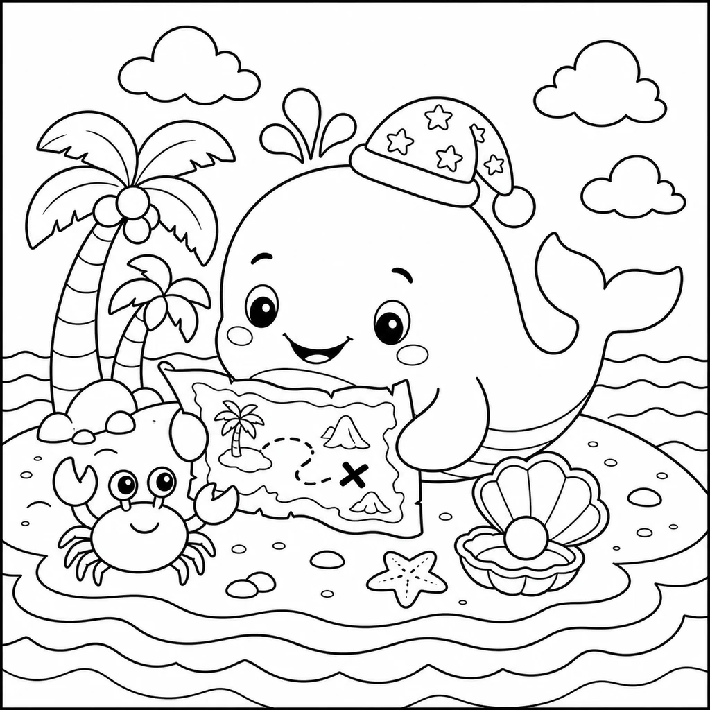 Coloriage : Baleine avec des bulles et un phare