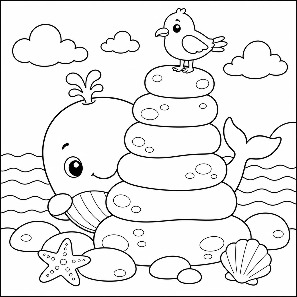 Coloriage : Baleine derrière les rochers