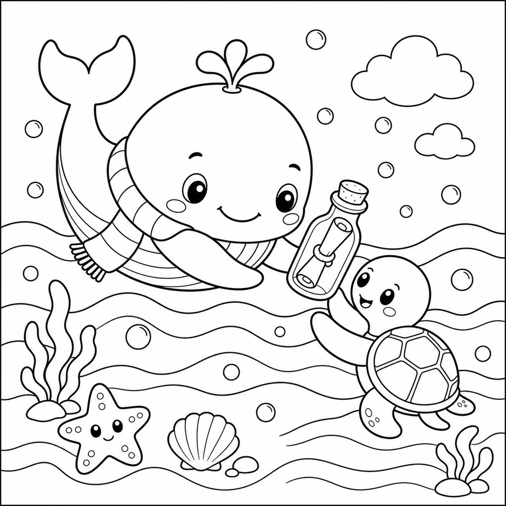 Coloriage : Baleine avec une bouteille pour une tortue