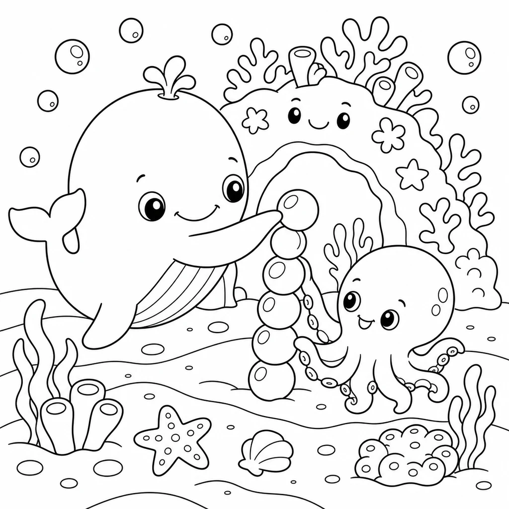 Coloriage : Baleine avec un seau de plage