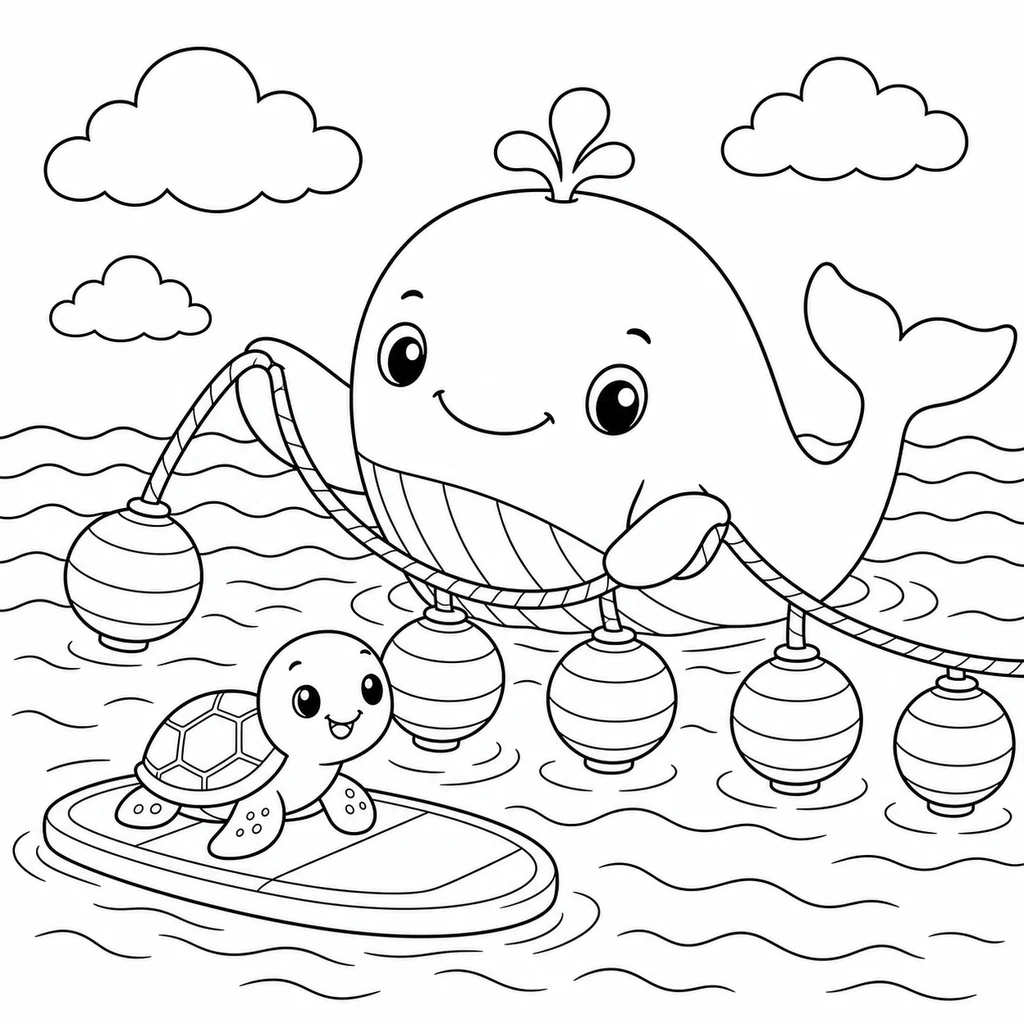 Coloriage : Baleine avec une bouée et des lanternes