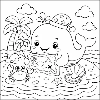 Whale with bubbles and a lighthouse coloring page