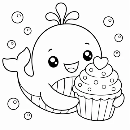 Dibujo de ballena con cupcake para colorear