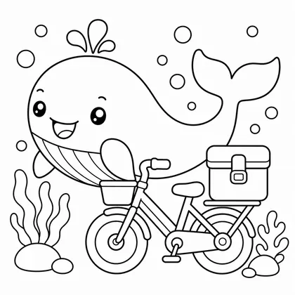 Dibujo de ballena con bicicleta de reparto para colorear