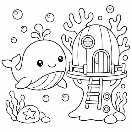 Dibujo de ballena con casa árbol para colorear