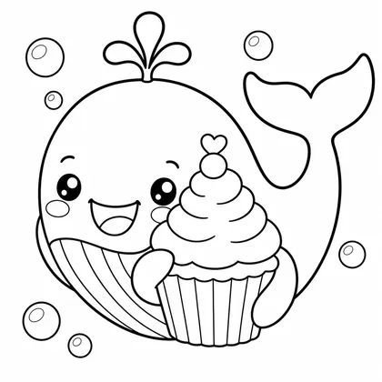 Dibujo de ballena con cupcake especial para colorear