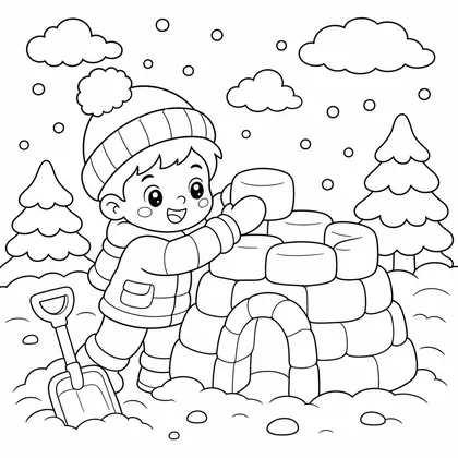 Dibujo de niño construyendo iglú para colorear