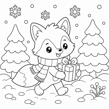 Dibujo de zorro con regalo en el bosque para colorear