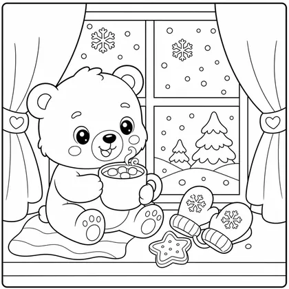 Dibujo de osito merendando junto a la ventana para colorear