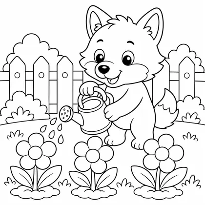 Wolf watering flowers coloring page