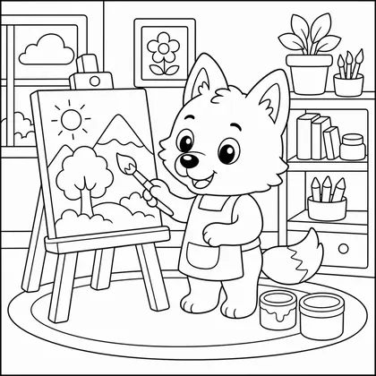 Wolf painting at an easel coloring page