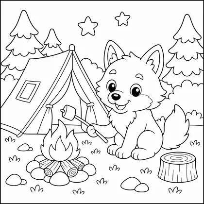 Wolf camping coloring page