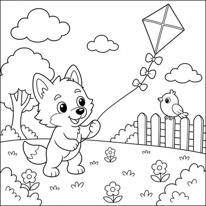 Wolf flying a kite coloring page