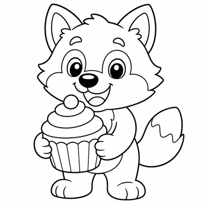 Dibujo de lobo con cupcake para colorear