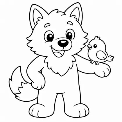 Dibujo de lobo con pájaro para colorear