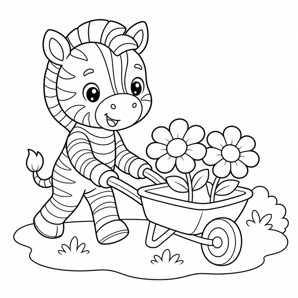Coloriage : Zèbre avec une brouette de fleurs