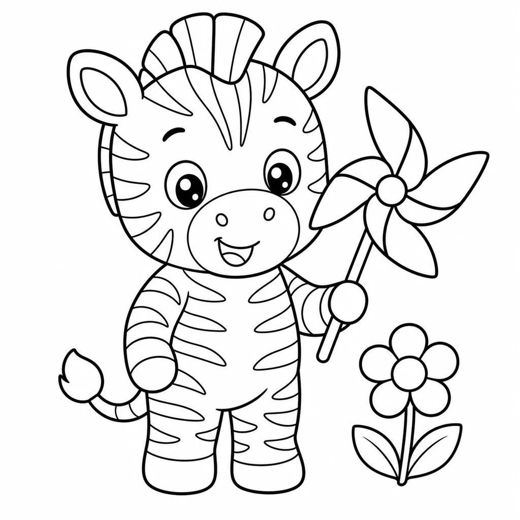 Coloriage : Zèbre avec un moulin à vent et une fleur