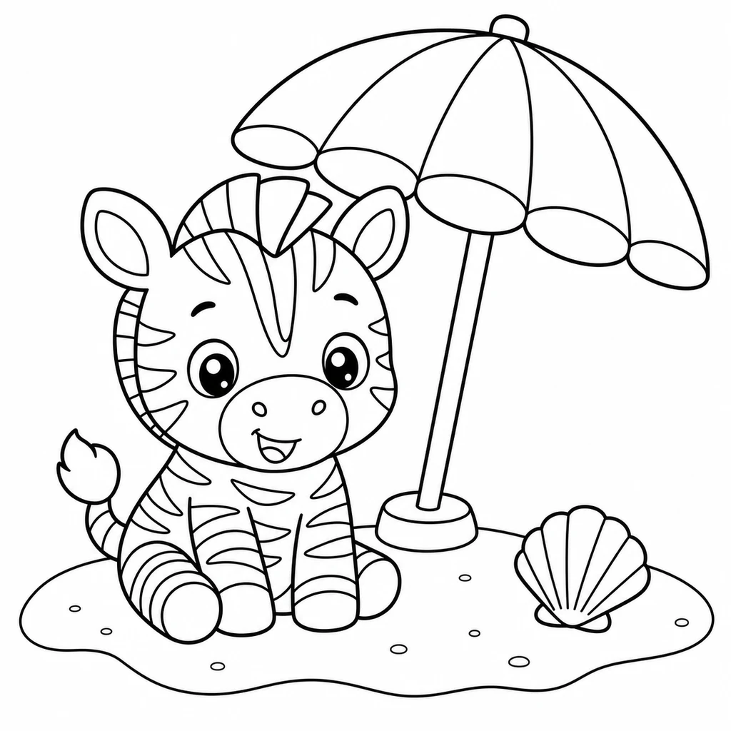 Coloriage : Zèbre avec un parasol et un coquillage