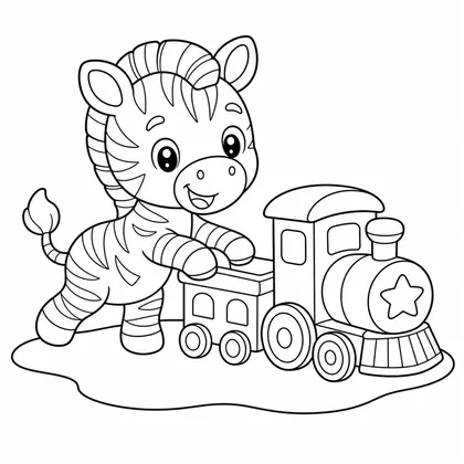 Zebra with a toy train coloring page